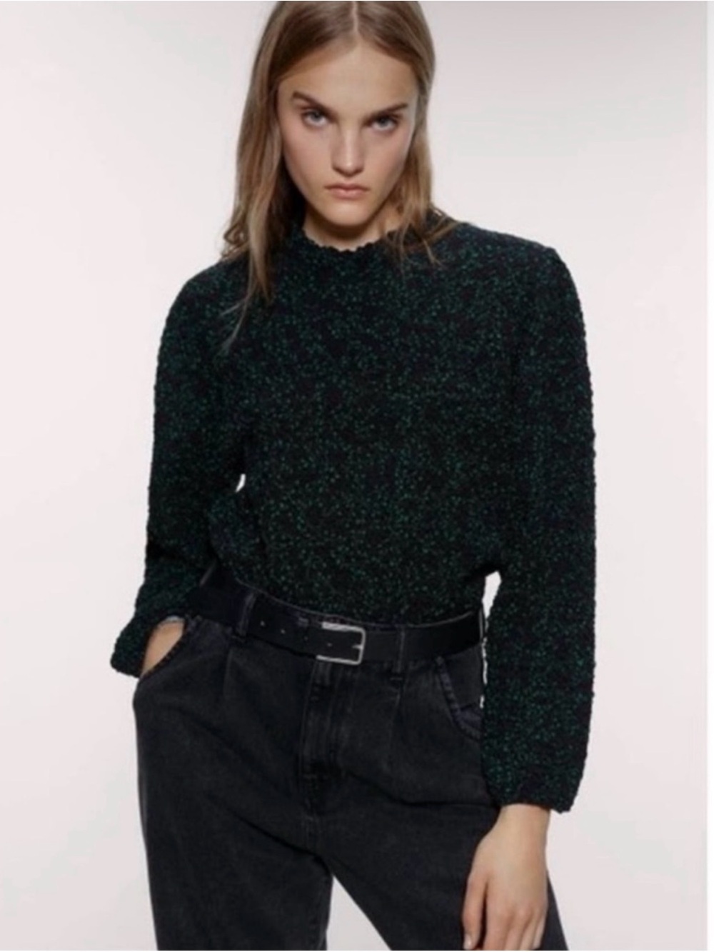 Zara Textured Floral Blouse Puff Sleeve Open Back Top Black Green Size S - Picture 2 of 9